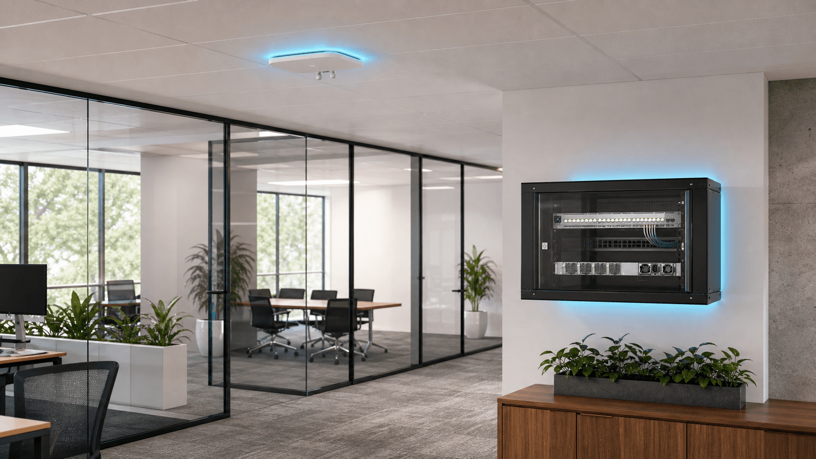 Modern office with professionally installed UniFi WiFi and switching
