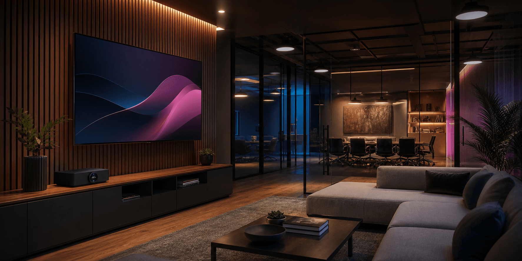 Modern premium audio and video space with an integrated display