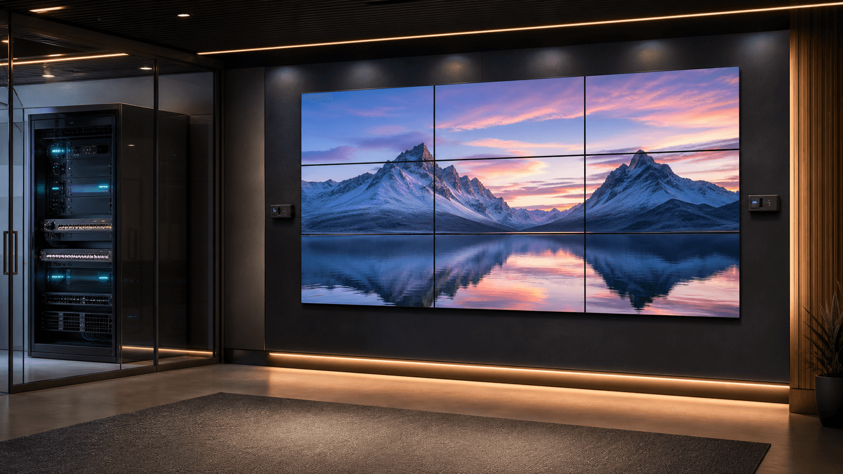 Professional 3 by 3 video wall with networked audiovisual infrastructure